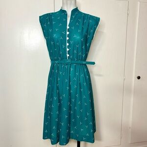 Vintage 70s/80s Lady Carol Turquoise Mandarin Collar Knee Length Dress